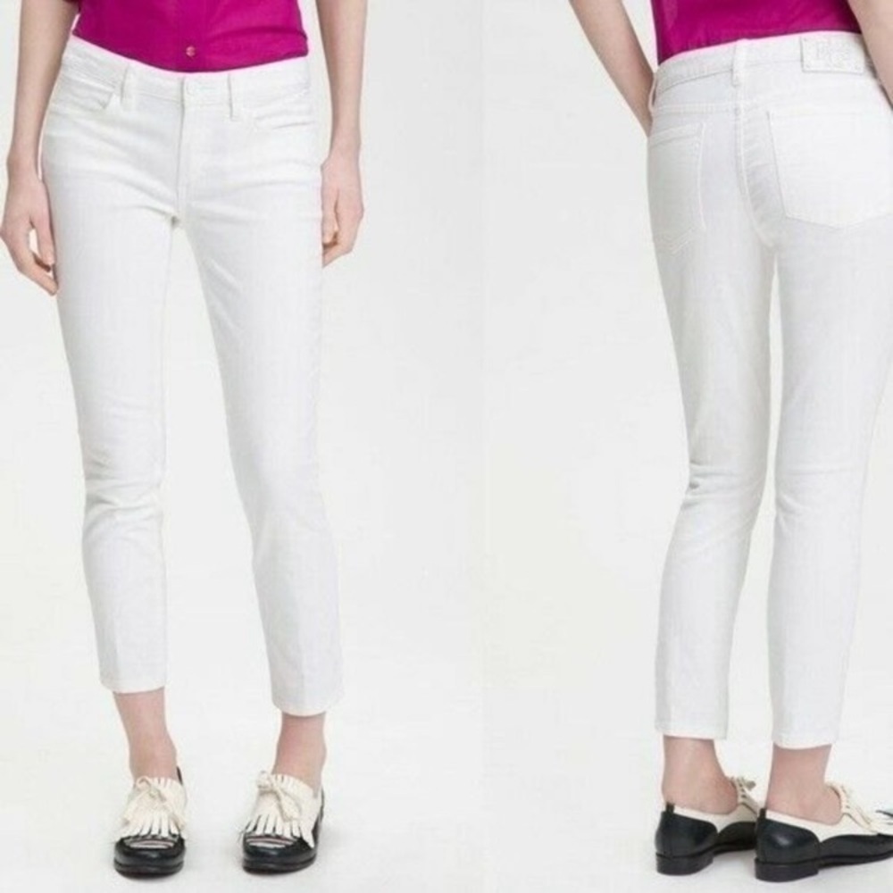 Tory Burch White Cropped Mid Rise Skinny Jean Logo Button Stretch Sz 29